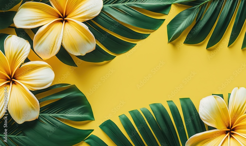  a yellow background with yellow and white flowers and green leaves on top of each other and a yello