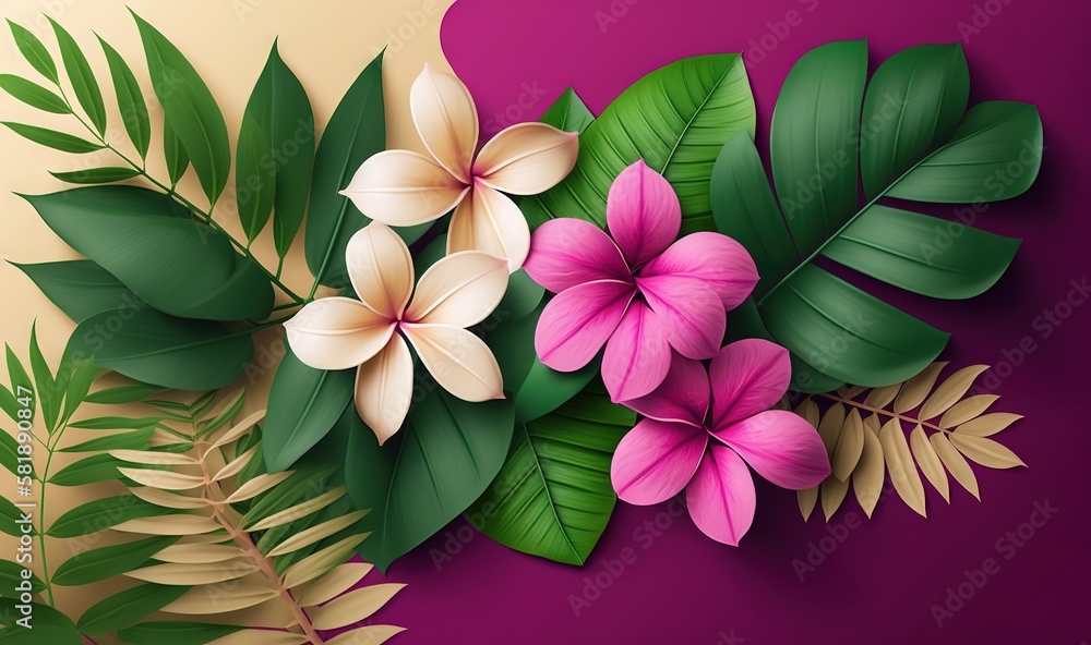  a bunch of flowers with leaves on a purple and yellow background with a pink background and a green