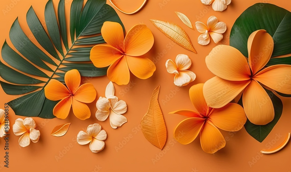  a bunch of flowers and leaves on an orange background with a place for the text in the middle of th