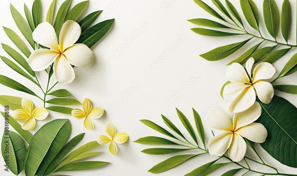  a white and yellow flower arrangement on a white background with green leaves and flowers on the si