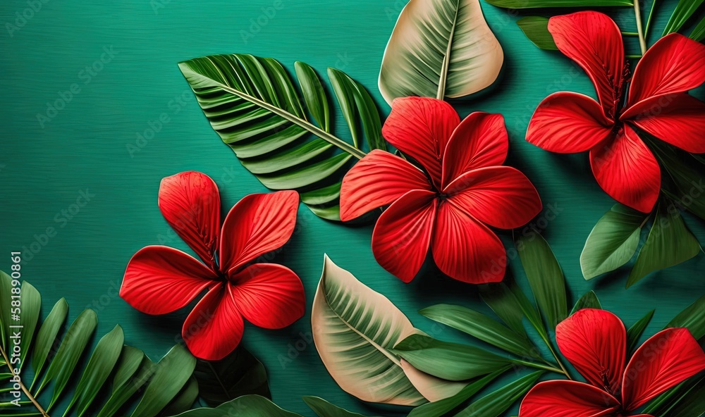  a painting of red flowers and green leaves on a blue background with a green background and a green