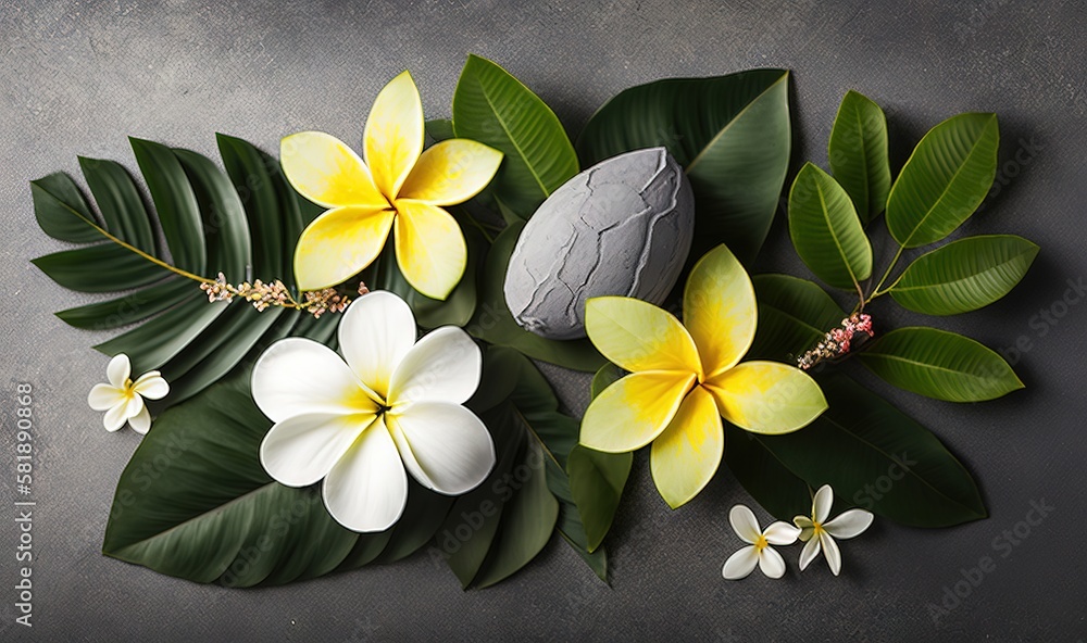  a group of flowers sitting on top of a table next to a rock and leaves on a gray surface with a whi