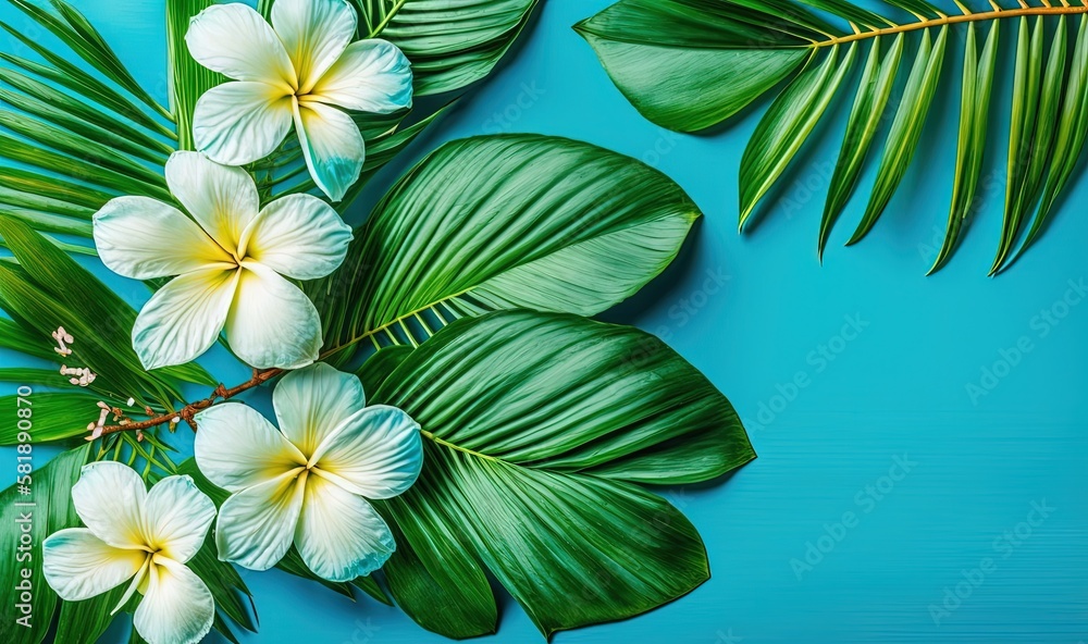  a blue background with white and yellow flowers and green leaves on the left side of the image is a