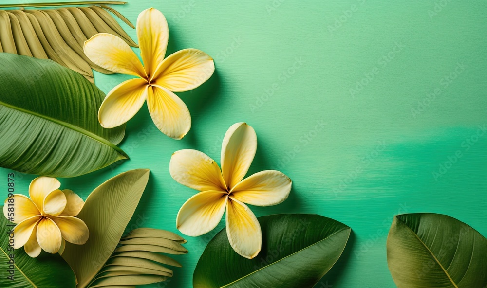  a bunch of flowers that are on a green surface with a palm leaf and a banana leaf on the side of th