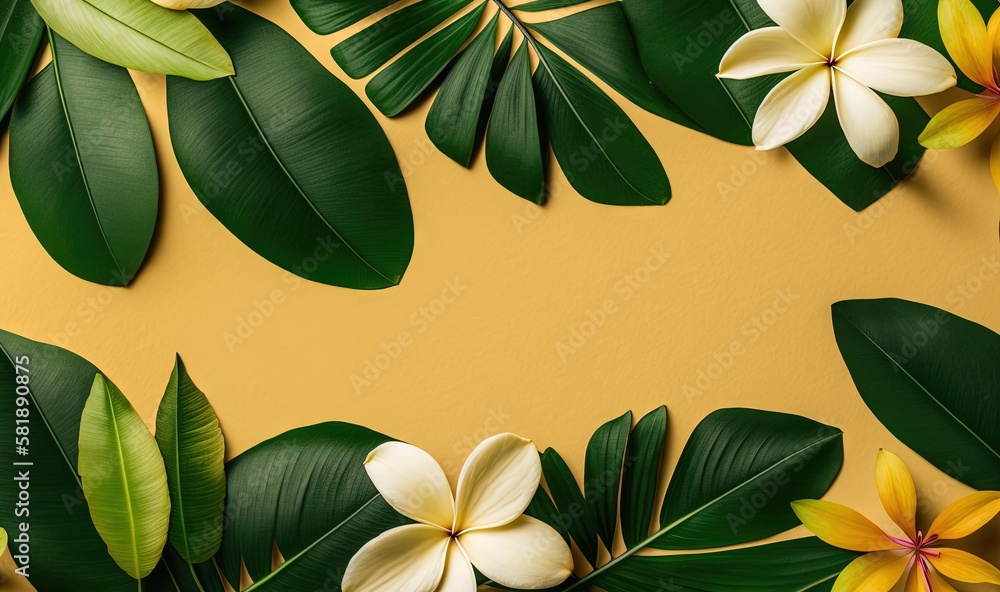  a yellow background with green leaves and flowers on it, with a white and yellow flower in the midd