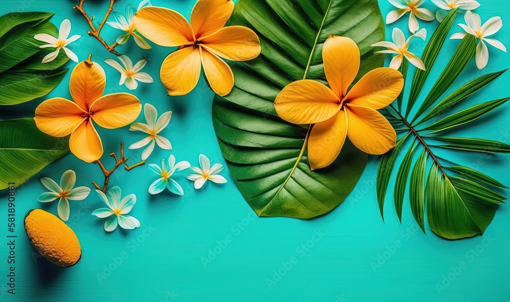  a blue background with yellow and white flowers and leaves and a piece of fruit on the side of the 