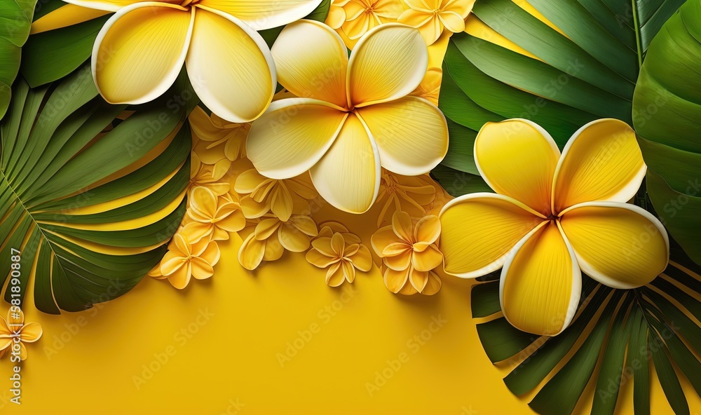  a bunch of yellow flowers and green leaves on a yellow background with a place for text or a pictur