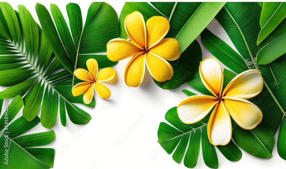  a white background with yellow flowers and green leaves on the left side of the image is a white ba