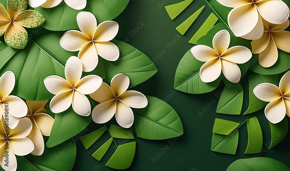  a green background with white and yellow flowers and leaves on the bottom of the image is a green b
