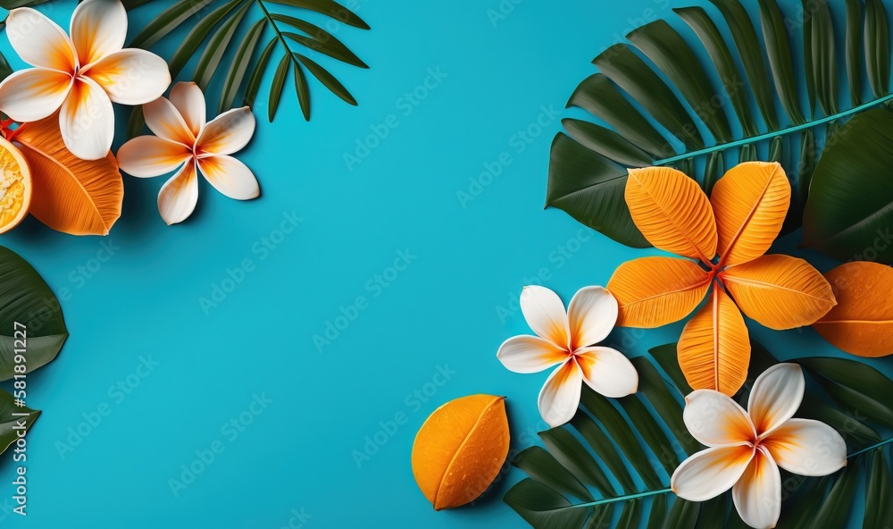  tropical flowers and leaves on a blue background with a place for the text or a picture of a tropic