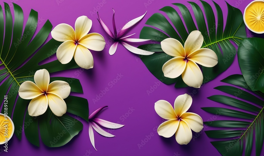  a purple background with white and yellow flowers and green leaves on a purple background with a ye