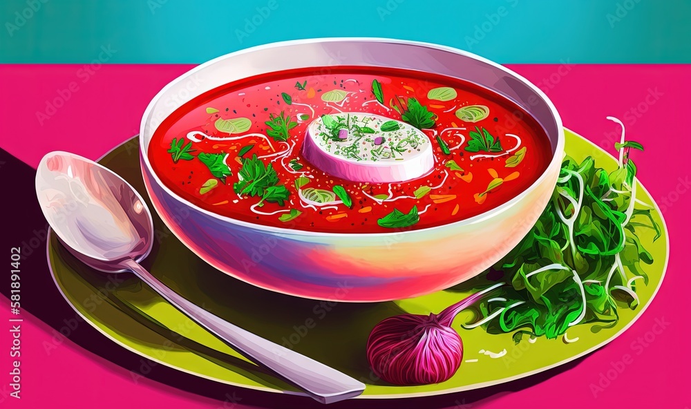  a painting of a bowl of soup on a plate with a spoon and a spoon rest on the plate next to the bowl