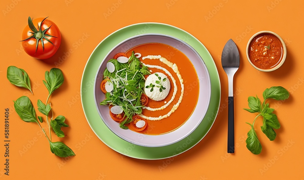  a bowl of tomato soup on a plate with a spoon and a small bowl of tomato soup on a plate next to a 