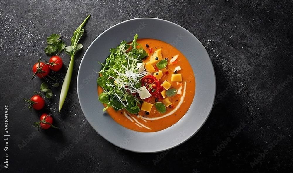  a bowl of carrot soup with a garnish of cheese and vegetables on a black surface with a garnish of 