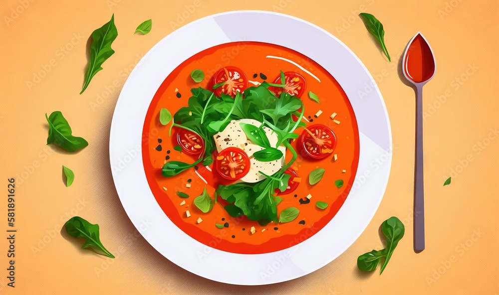  a bowl of tomato soup with spinach and tomatoes on a plate with a spoon and spoon rest on the side 