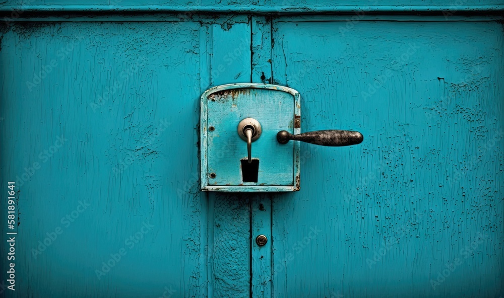  a blue door with a metal handle and a lock on the front of it with a black handle on the outside of