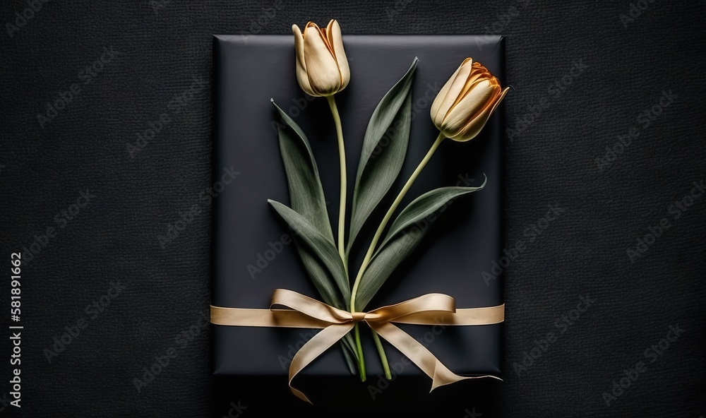  a gift wrapped in a black paper with a gold ribbon and two tulips on top of the present box with a 