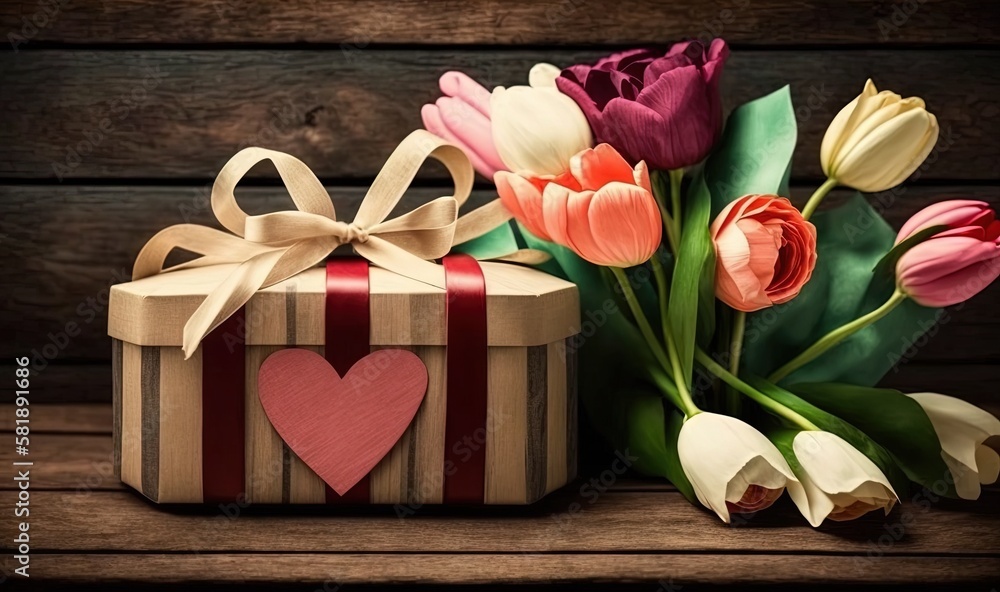  a gift box with a heart and flowers on a wooden table with a wooden background and a wooden heart w