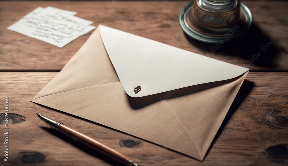 Envelope with pen on the table, background, wallpaper