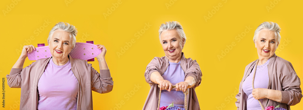 Collage of stylish elderly woman on yellow background