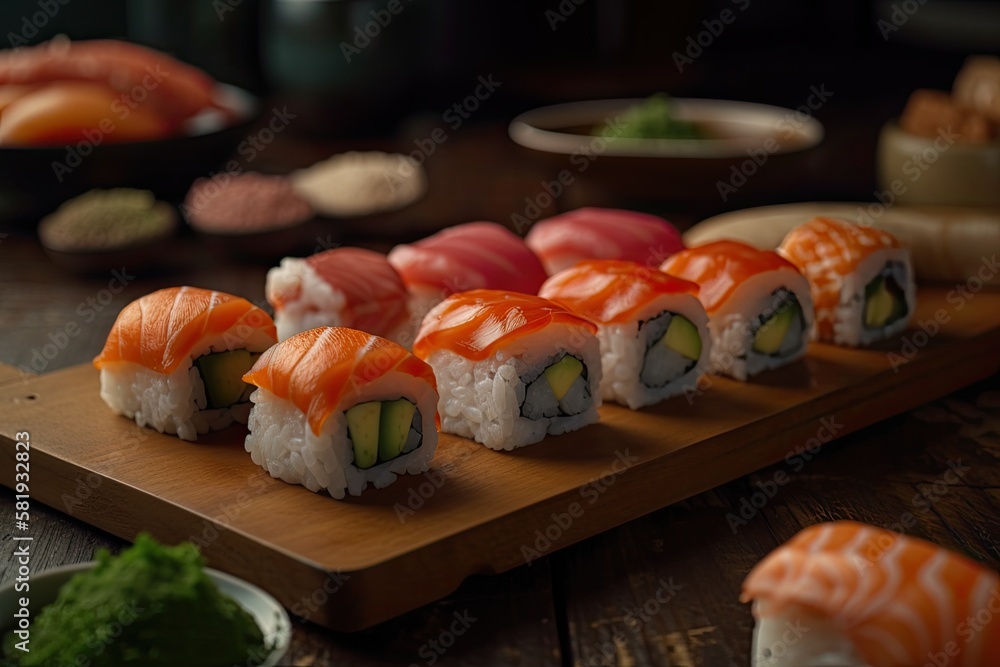 Japanese cuisine staples include fresh sushi. Generative AI
