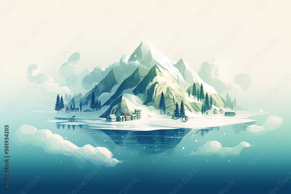 Illustration of a snowy island commercial. solitary mountains covered in snow. Background in travel 