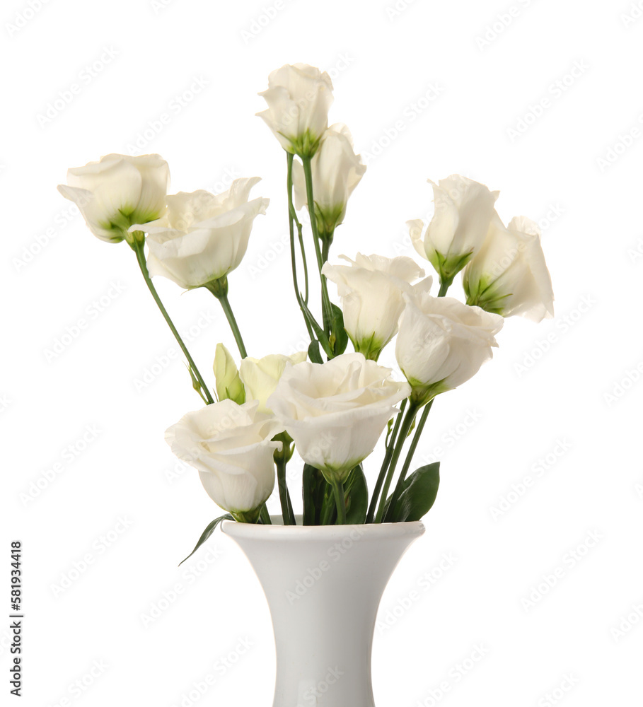 Vase with delicate eustoma flowers isolated on white background, closeup