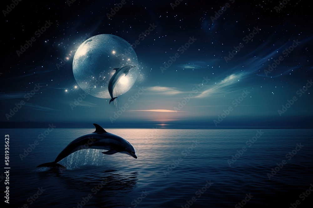 Two dolphins leap over the brilliant full moon as it flies low over the calm water. In the deep blue