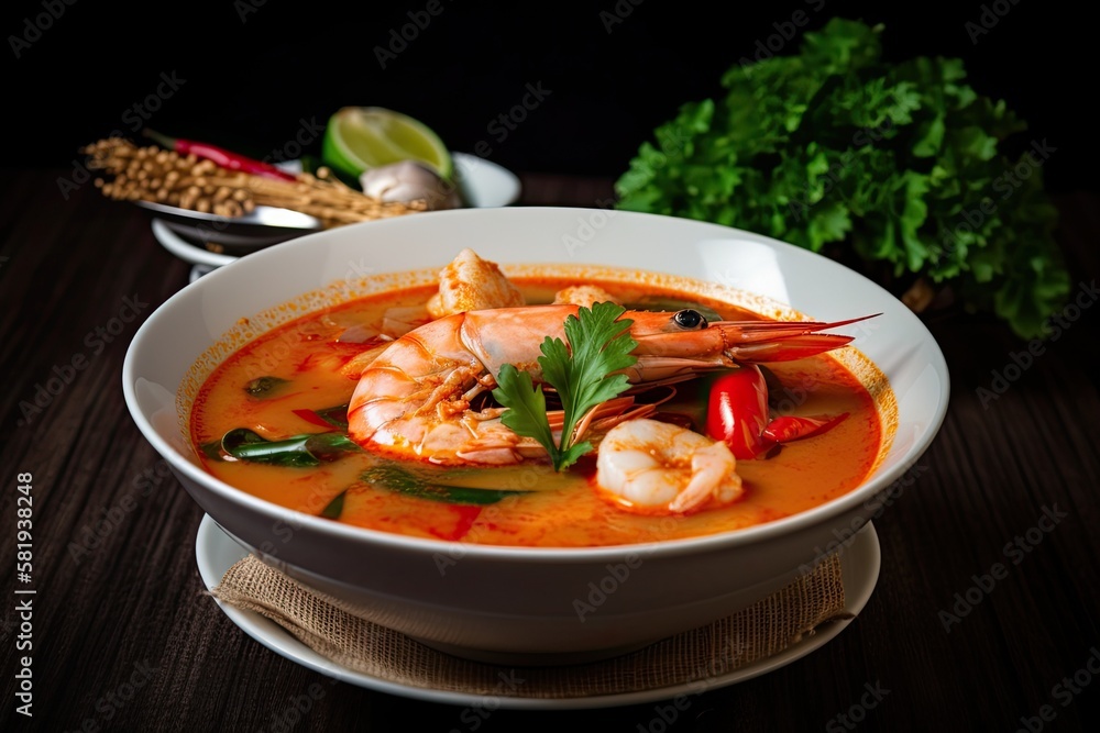 Tom yam kong or Tom yum, Tom yam is a spicy clear soup typical in Thailand and No.1 Thai Dish Cuisin
