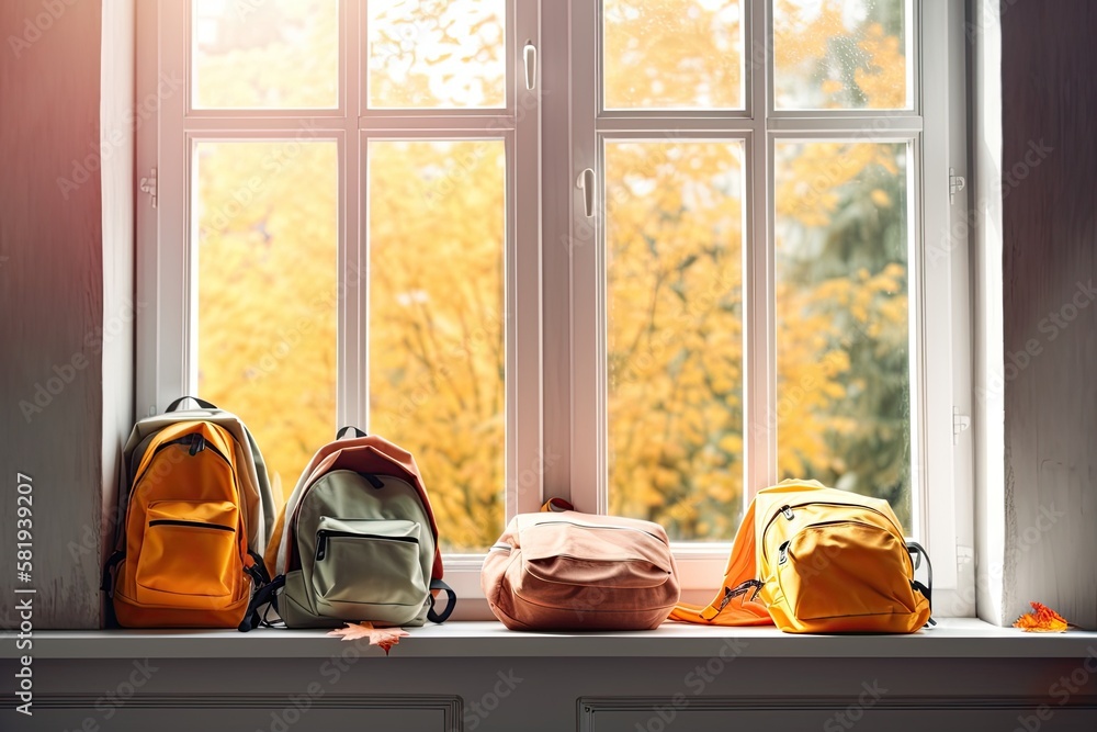 Schoolbags background with some school supplies on wooden desk top and a windowsill with white windo