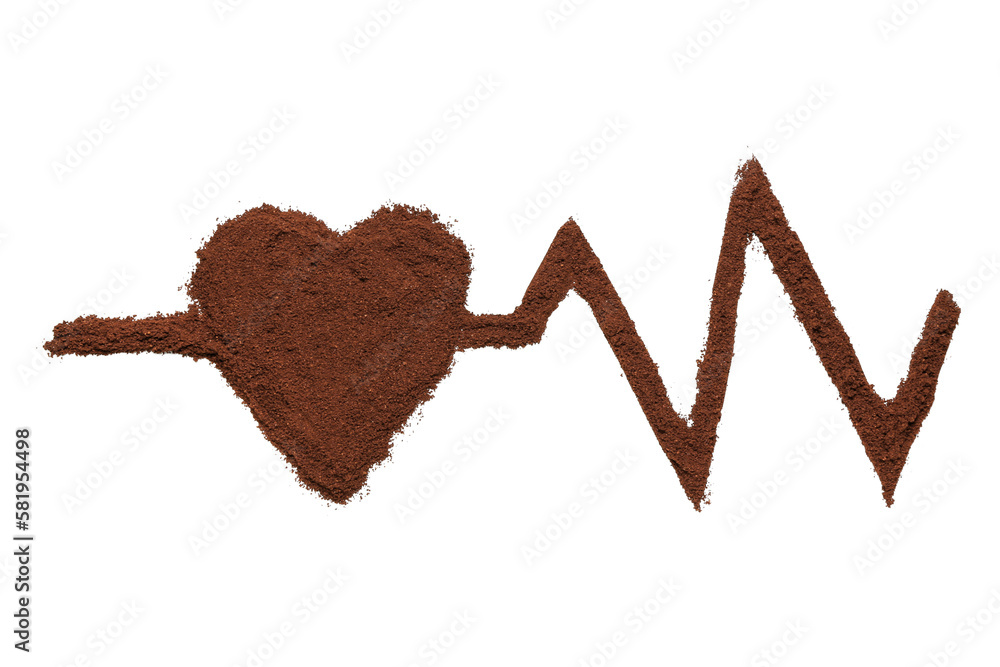 Heart and cardiogram made of coffee powder isolated on white background