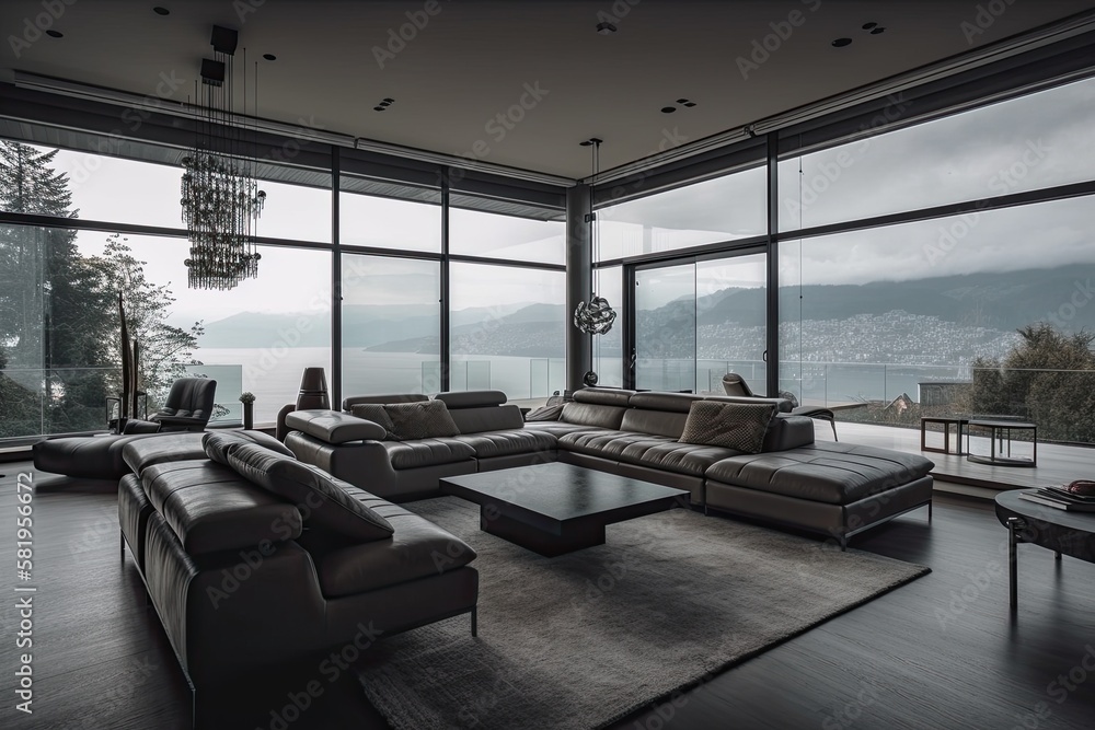 Interior of living room with a view. Generative AI