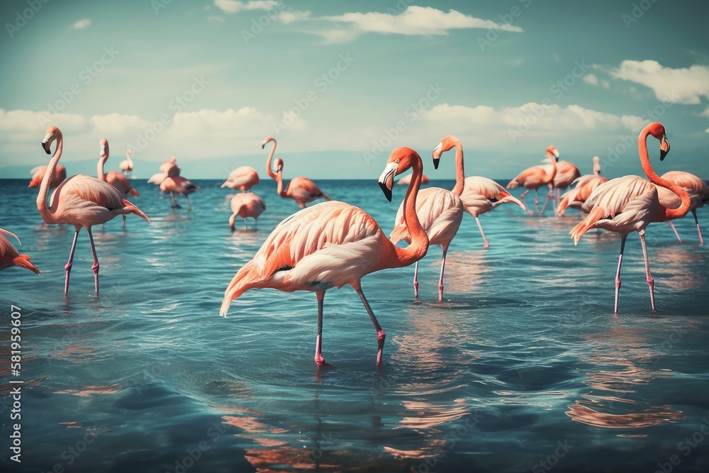 Flamingos are shown in a vintage and retro composite photo standing in a clear, blue sea beneath a s