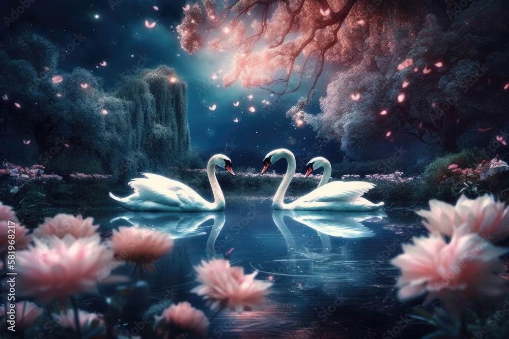 Fantasy enchanting enchanted fairy tale scenery with elegant birds in love, flowering pink rose flow