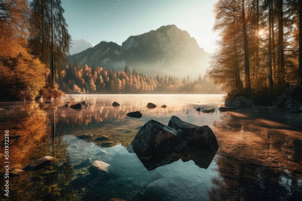 Stunning autumn sunrise over Hintersee lake. Amazing early morning view of the Bavarian Alps near th