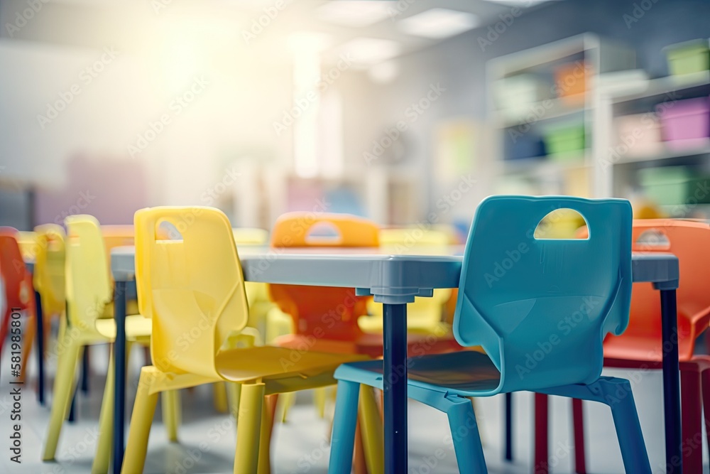 Blur abstract background of kindergarten classroom. Blurred image of empty elementary room. Blurry v
