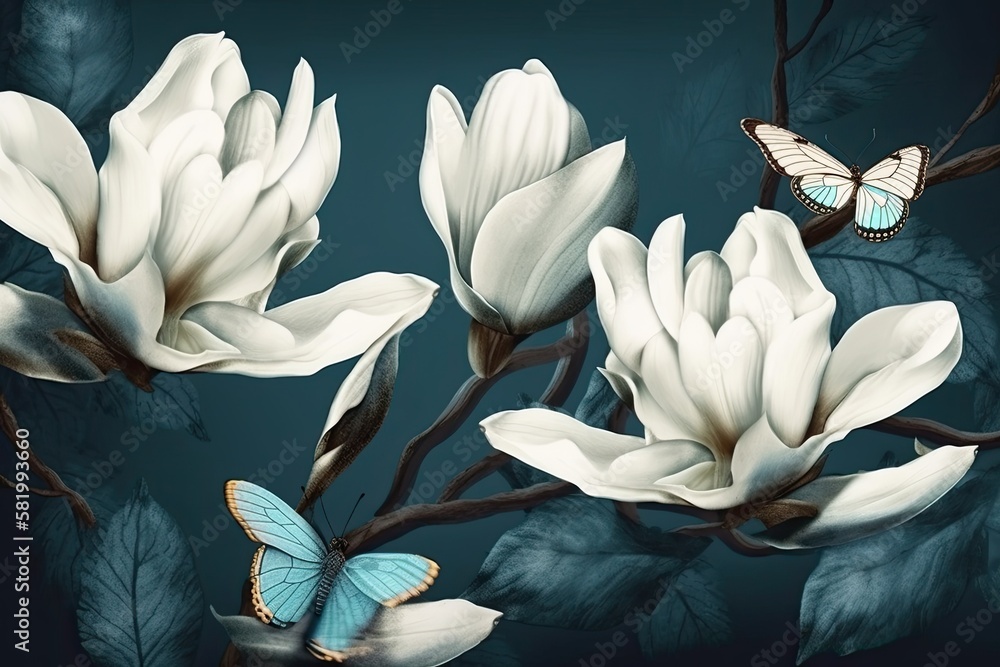 branches of blooming white magnolia and blue tropical morpho butterfly. Generative AI