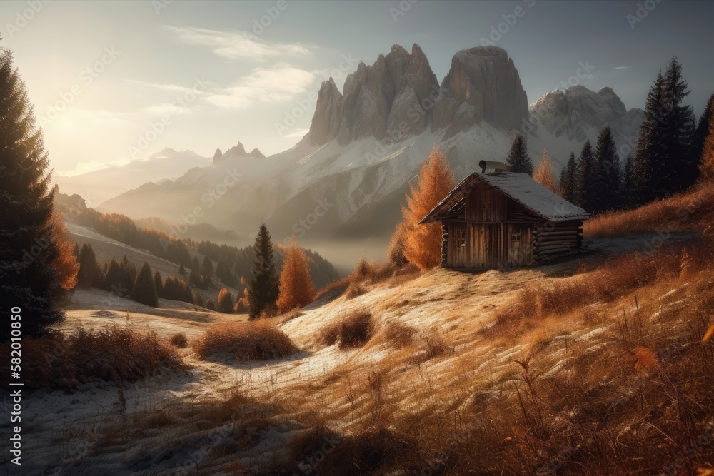 Beautiful setting at sunrise with a small wooden cabin on the Alpe di Siusi meadow. Italys Dolomite