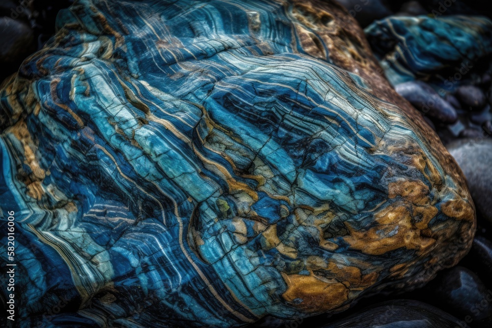 A rock detail with many shades of blue. Rock that has been eroded by the sea is full of curves and s