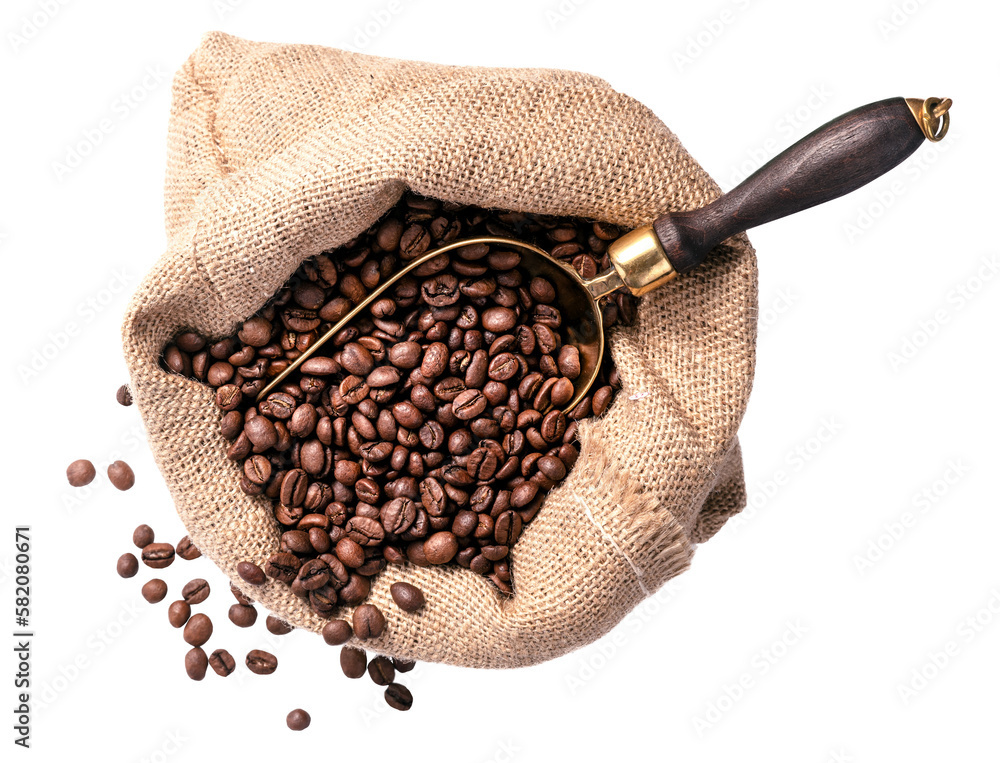 Scoop of coffee beans in a bag on white background. Coffee in scoop isolated. Top view of coffee.
