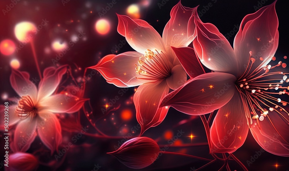  a painting of red and white flowers on a black background with stars and sparkles in the sky behind