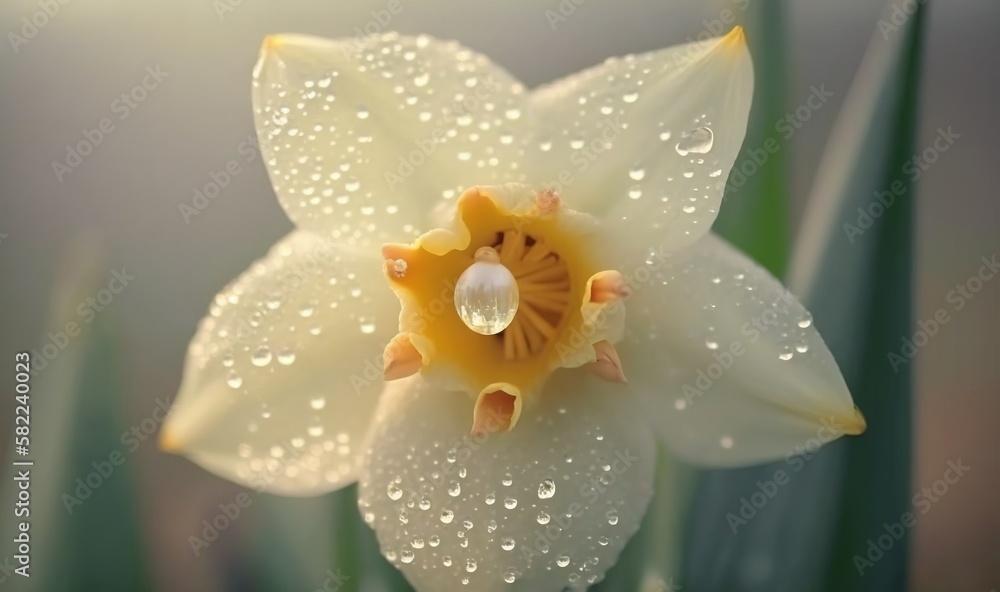  a close up of a flower with water droplets on its petals and a green stem in the foreground with a