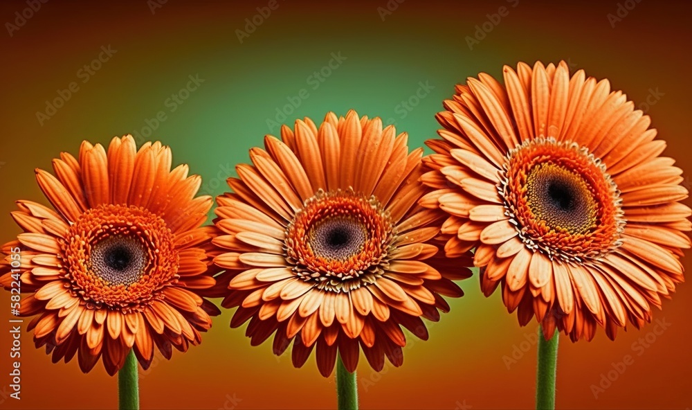  three orange flowers with green stems in front of a green background with a red center and a black 