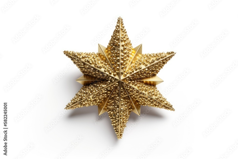 Golden Christmas Star isolated on white Background. Top View Close Up Gold Star render (isolated on 