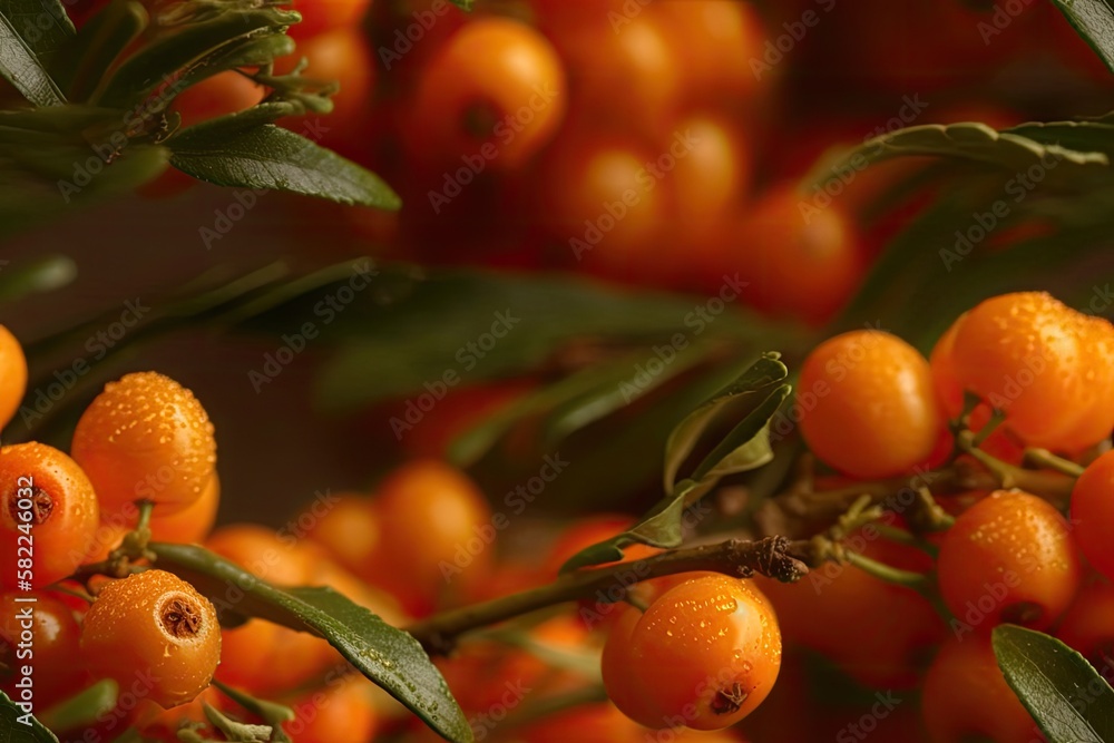 Close up of young, ripe sea buckthorn on a beige background. Ripe berries are in the background. Mac