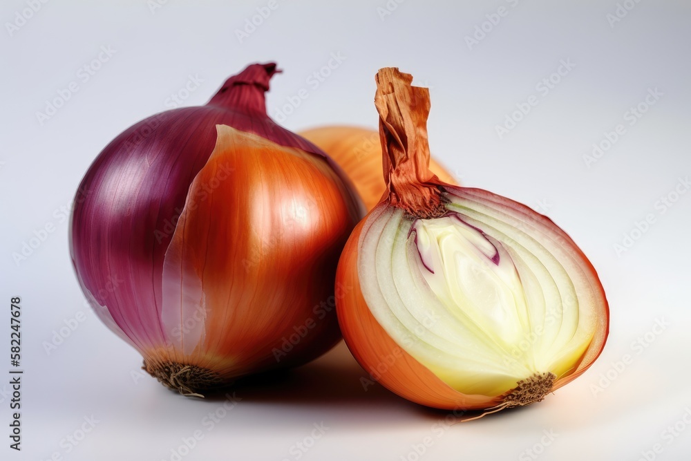 On a white background, a whole bulb and half an onion. isolated components photography of small obje
