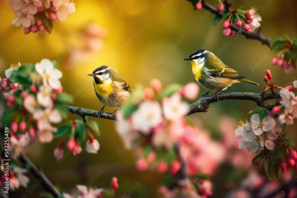 natural background with birds sitting on branches with pink Apple blossoms in the spring may Sunny g