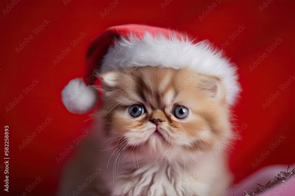 Persian kitten in a small package Christmas portrait against a blank backdrop. Generative AI