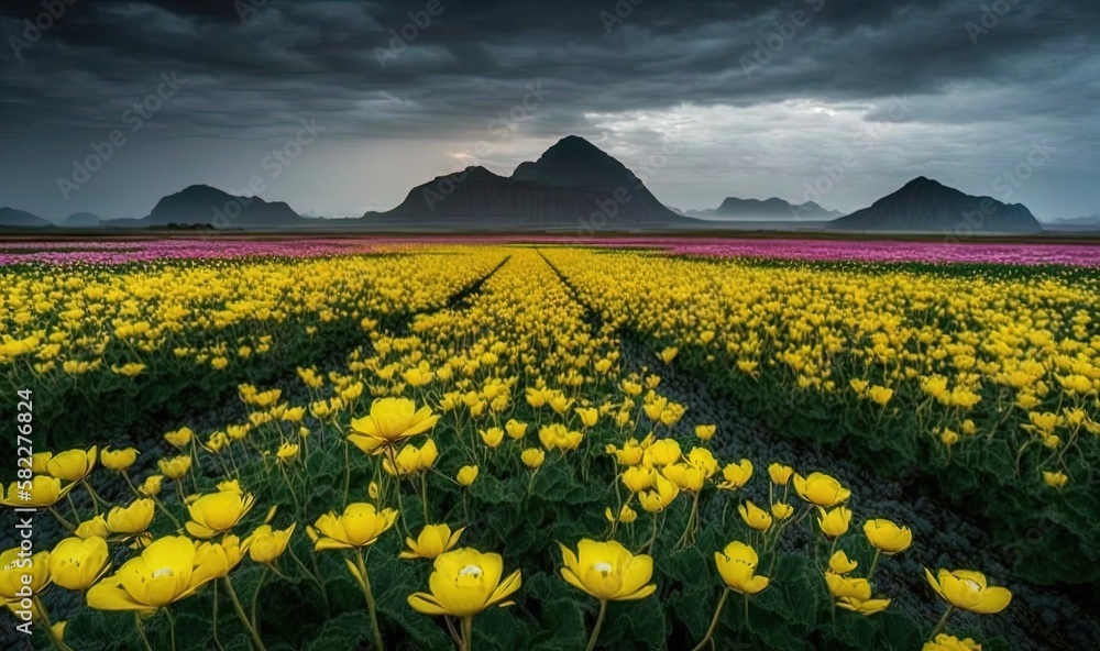  a field of yellow flowers with mountains in the background and a dark sky in the distance with clou
