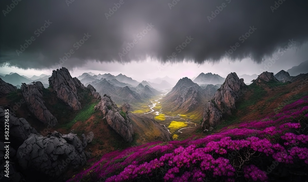  a mountain landscape with purple flowers and a dark cloudy sky above the mountain range and a river